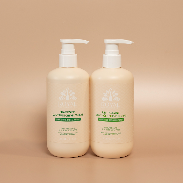 ROYAL Balance Shampoo and Balance Conditioner 300 ml bottles displayed together against a beige background.