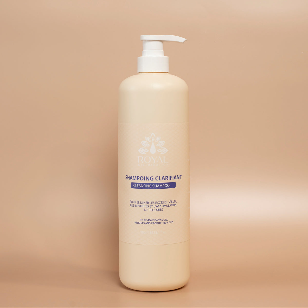 ROYAL Clarifying Shampoo 980 ml bottle photographed against a beige background.
