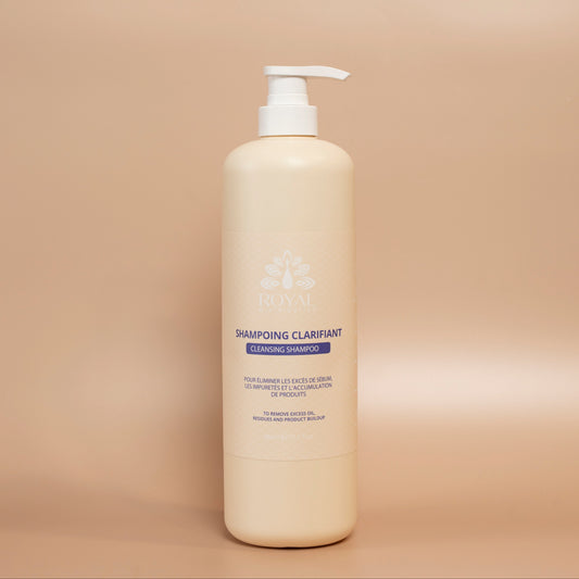 ROYAL Clarifying Shampoo 980 ml bottle photographed against a beige background.
