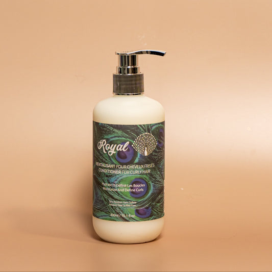 ROYAL Curly Hair Conditioner in a 300 ml pump bottle, featuring the signature peacock-inspired label against a warm beige studio background.