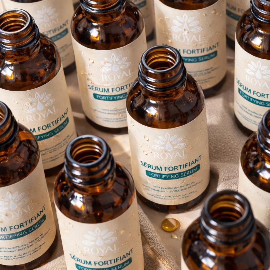 Multiple ROYAL Fortifying Serum bottles arranged together with water droplets highlighting the amber glass packaging.