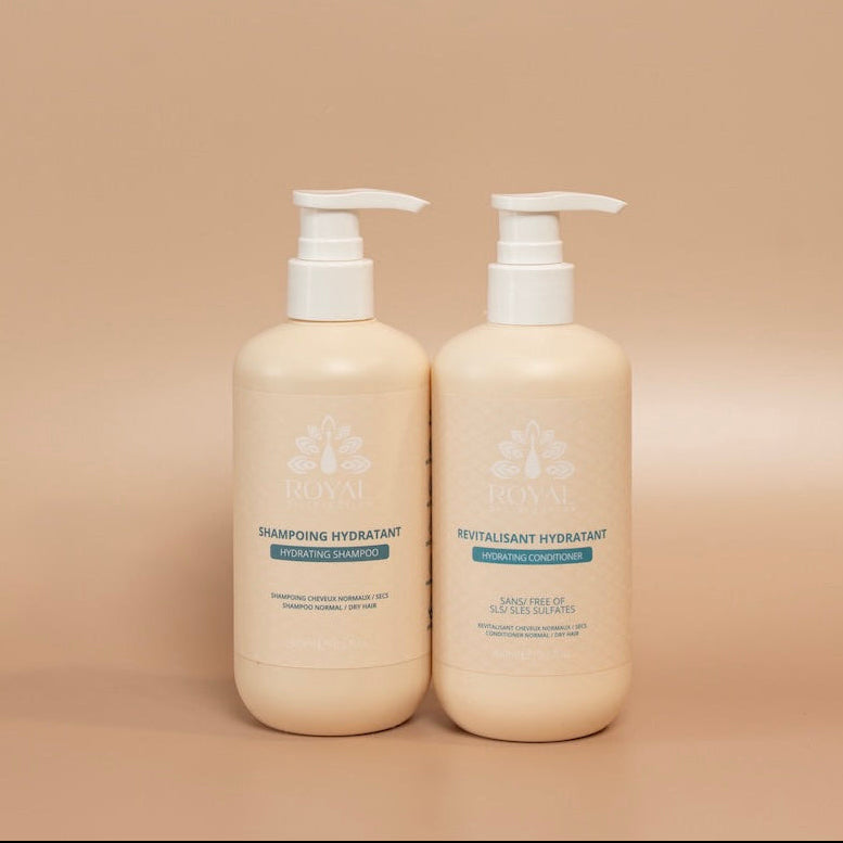 ROYAL Hydrating Shampoo and Hydrating Conditioner 300 ml bottles displayed together against a beige background.