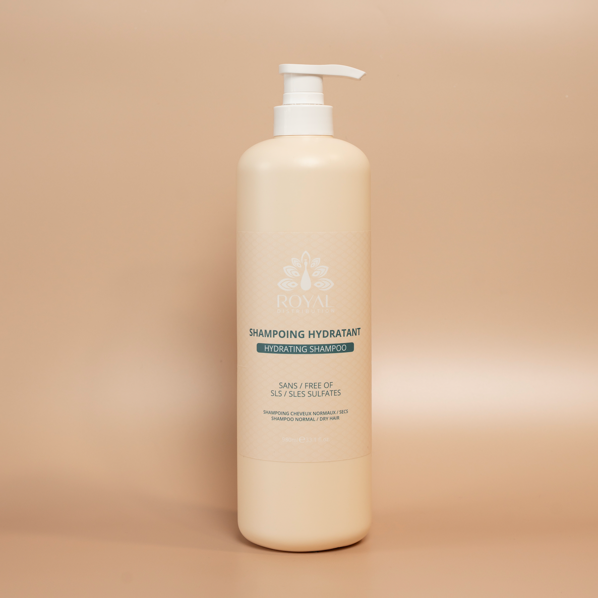ROYAL Hydrating Shampoo 980 ml bottle photographed against a beige background.