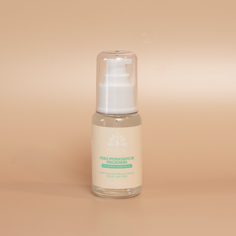 ROYAL Macadamia Hydrating Oil bottle photographed against a beige background.