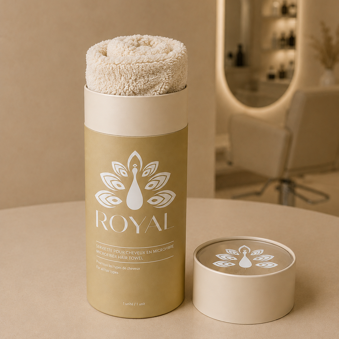 ROYAL beige microfiber hair towel rolled inside its signature gold packaging, displayed with the matching lid in an elegant beige salon setting.
