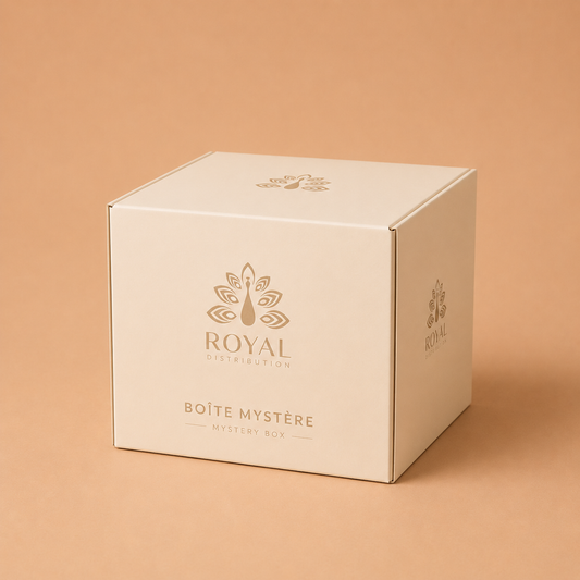 Cream ROYAL Distribution mystery box with gold branding and “Boîte Mystère / Mystery Box” printed on the front, photographed against a warm beige background.