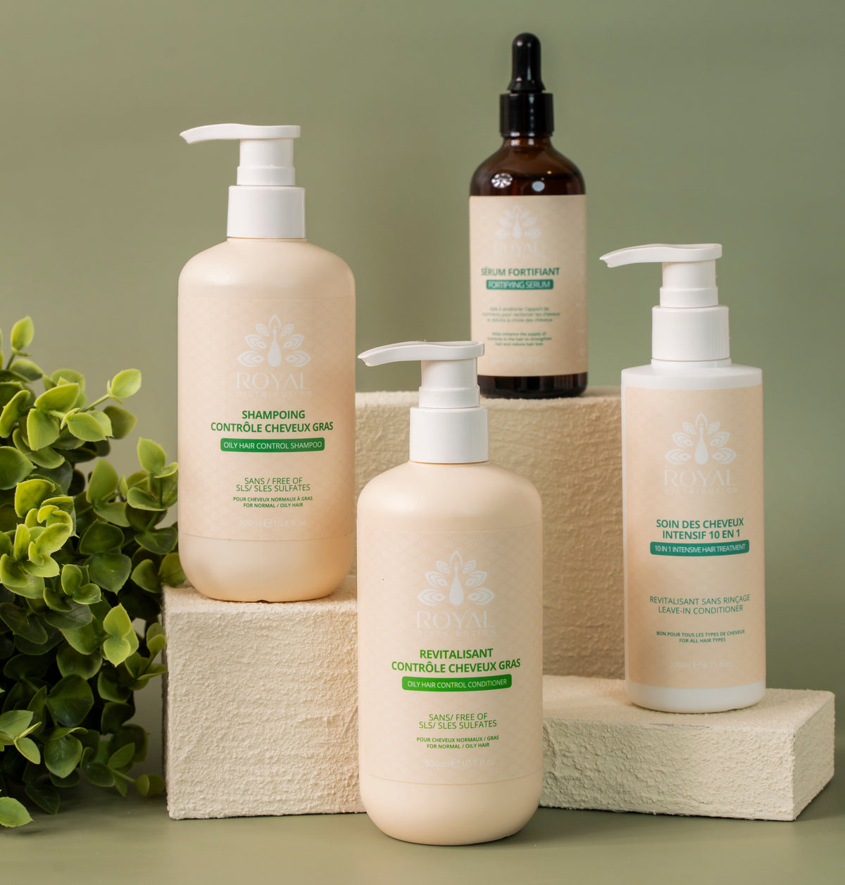 ROYAL Oil Control Shampoo and Conditioner, Fortifying Serum and 10 in 1 Leave-In Conditioner displayed with green foliage on a soft green background.