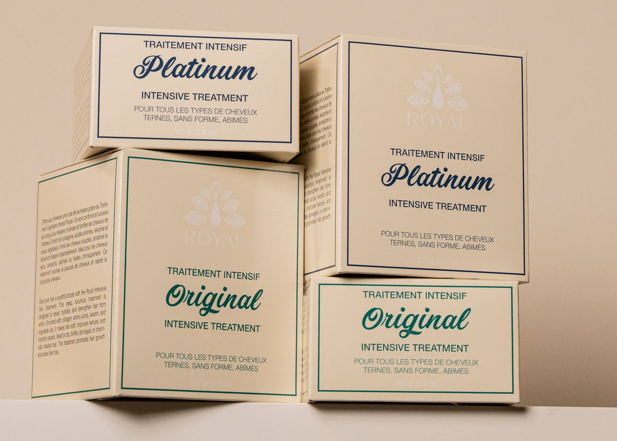 ROYAL professional Intensive Hair Treatment boxes in Original and Platinum formulas, shown in 150 g and 500 g formats on a neutral background.