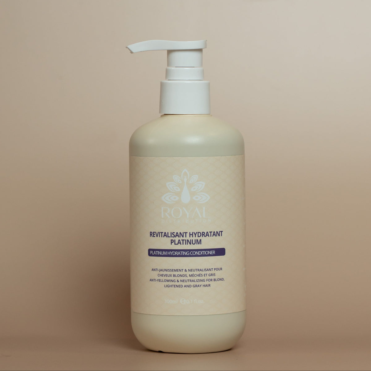 ROYAL Platinum Hydrating Conditioner in a 300 ml pump bottle, photographed against a warm beige studio background.