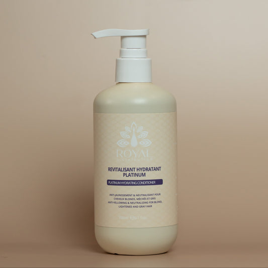 ROYAL Platinum Hydrating Conditioner in a 300 ml pump bottle, photographed against a warm beige studio background.
