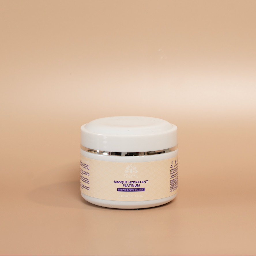 ROYAL Platinum Hydrating Hair Mask container photographed against a beige background.