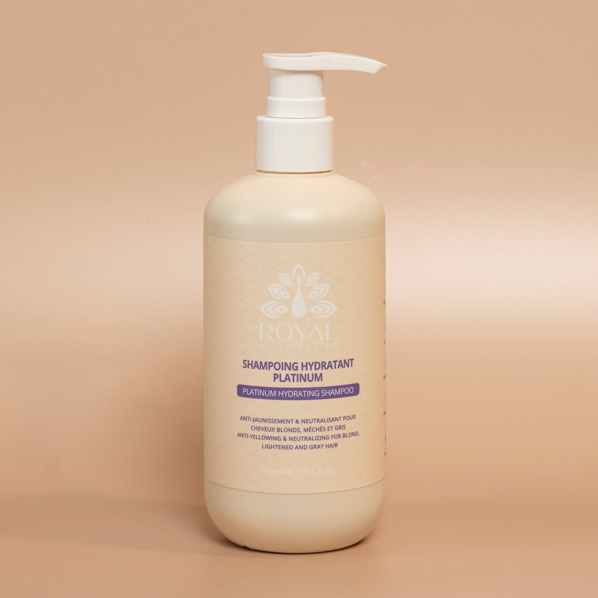 ROYAL Platinum Shampoo 300 ml bottle photographed against a beige background.