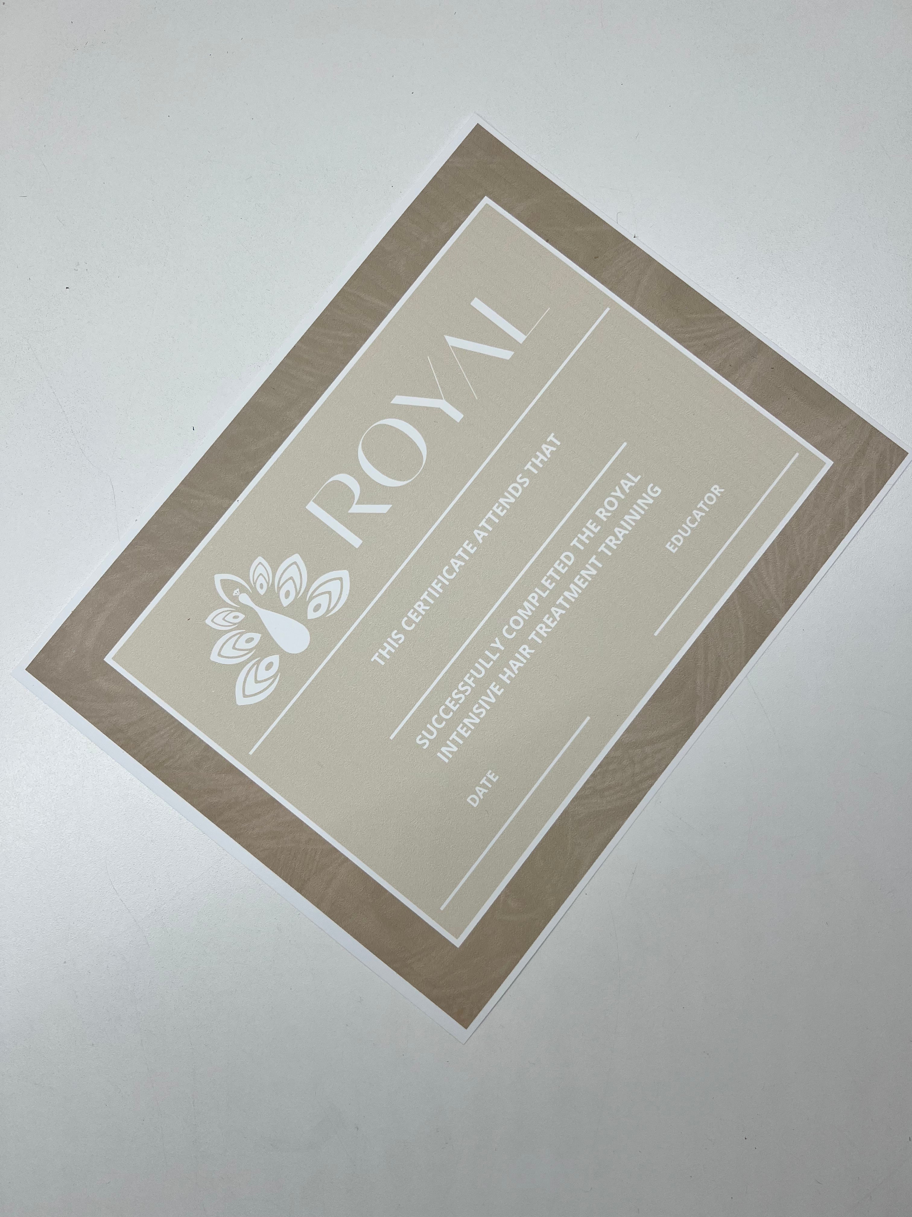 ROYAL professional training certificate for the Intensive Hair Treatment, featuring the ROYAL logo and signature beige design.