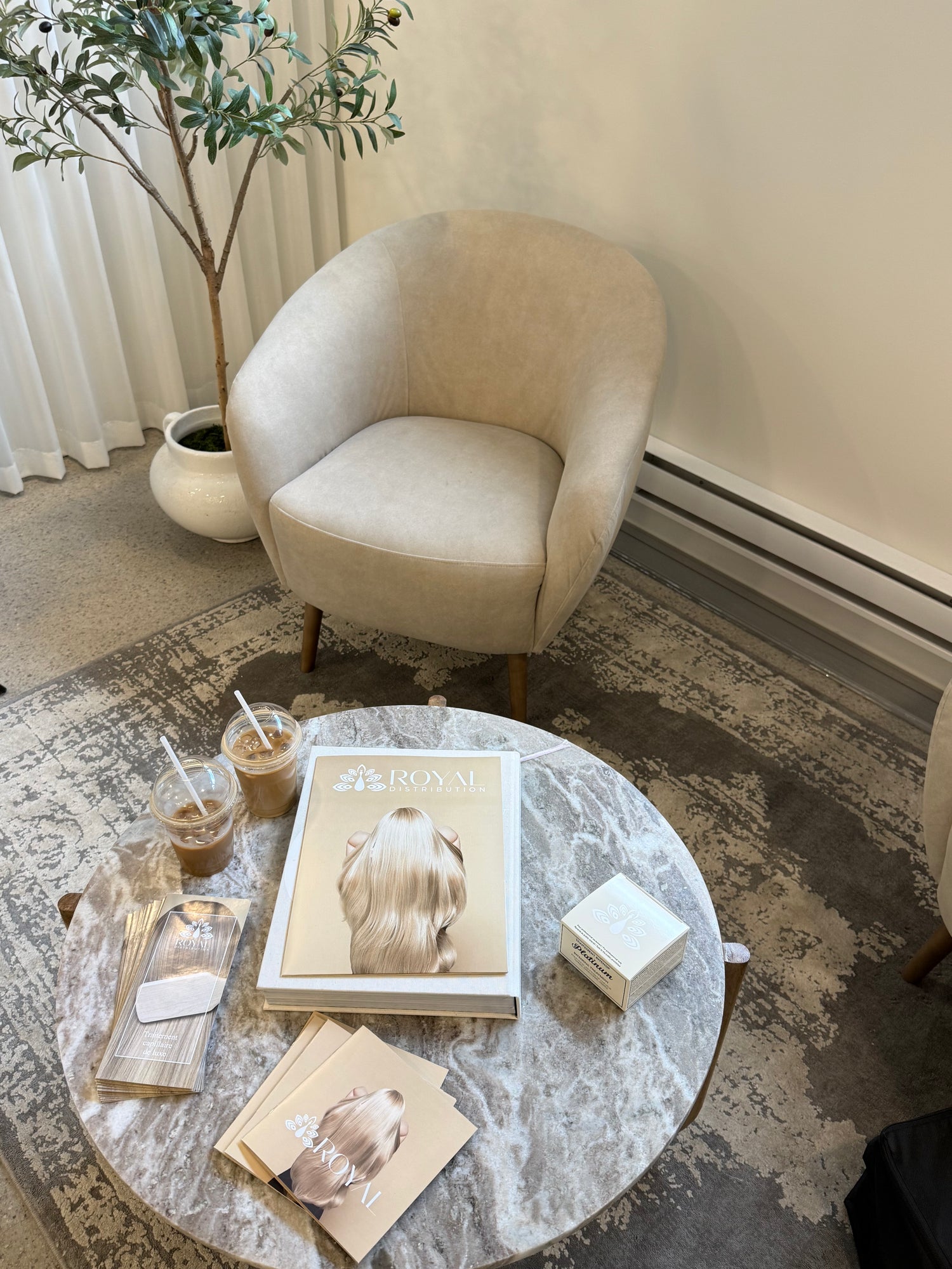 Neutral-toned salon seating area with a cream armchair, potted tree, and marble coffee table displaying ROYAL brochures and hair care products.