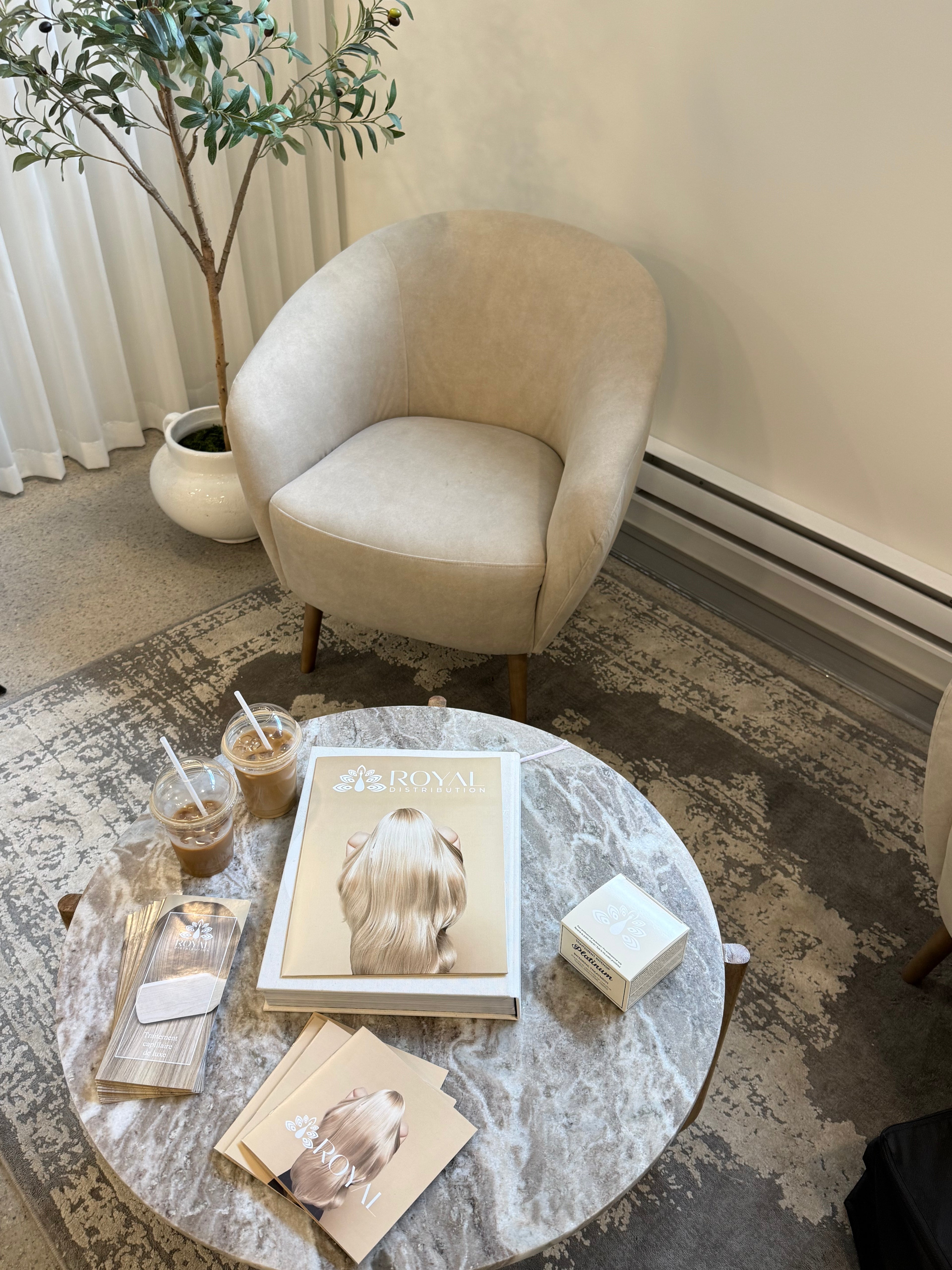 Neutral-toned salon seating area with a cream armchair, potted tree, and marble coffee table displaying ROYAL brochures and hair care products.