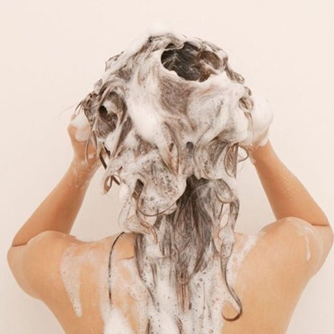 Hair and scalp being thoroughly massaged with a rich shampoo lather during a cleansing routine.