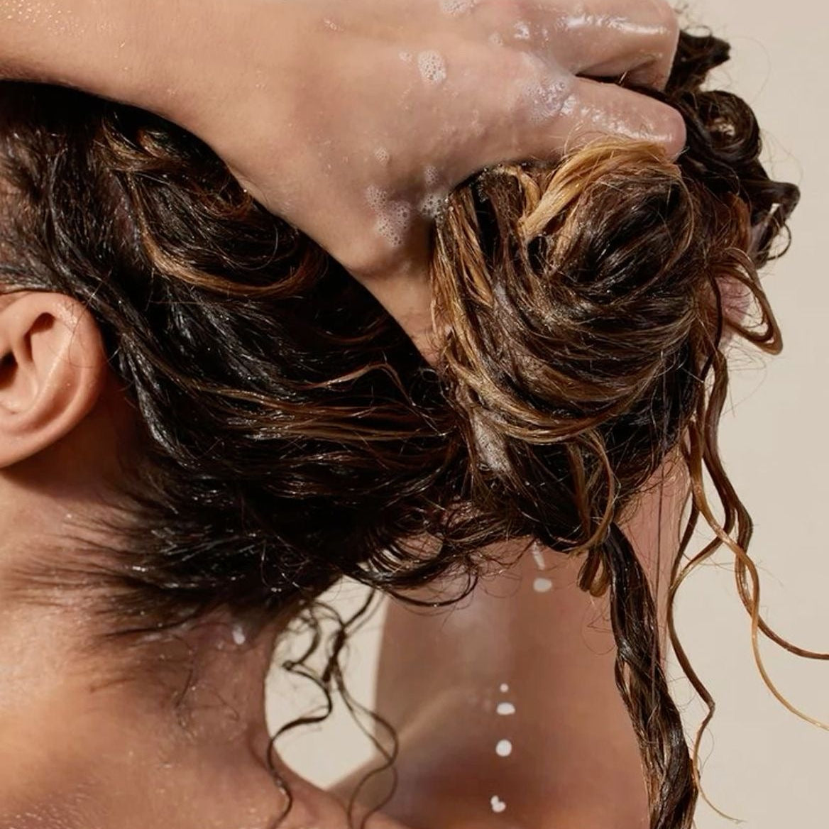 Close-up of wet, highlighted brown hair gathered in a hand, with water and product visible throughout the strands.