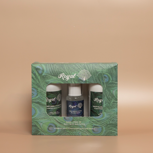 ROYAL travel hair care set displayed against a beige background.
