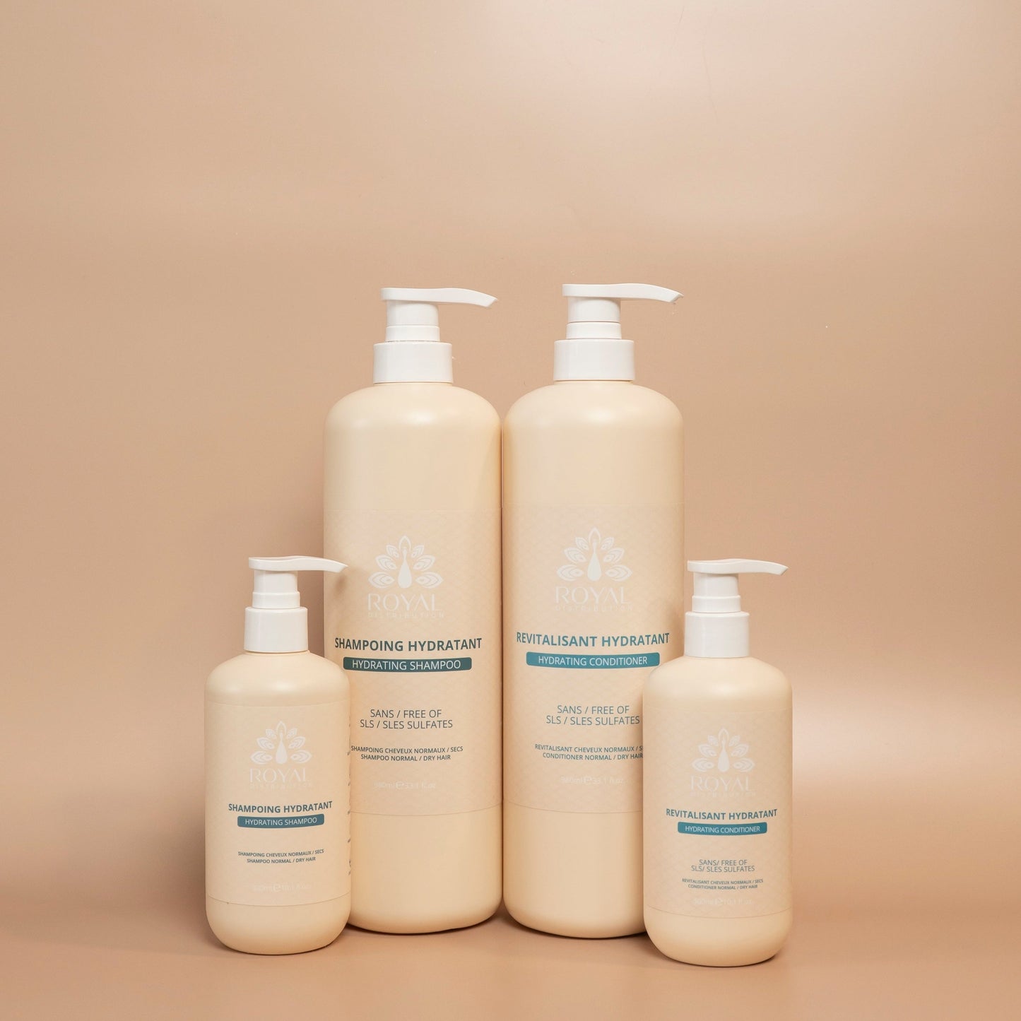 Shampoing et revitalisant hydratants Royal pour cheveux secs en formats 300 ml et 1 L