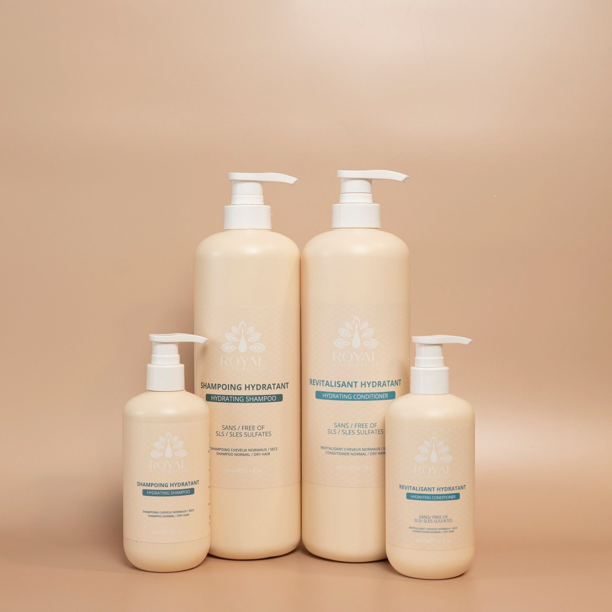 Shampoing et revitalisant hydratants Royal pour cheveux secs en formats 300 ml et 1 L