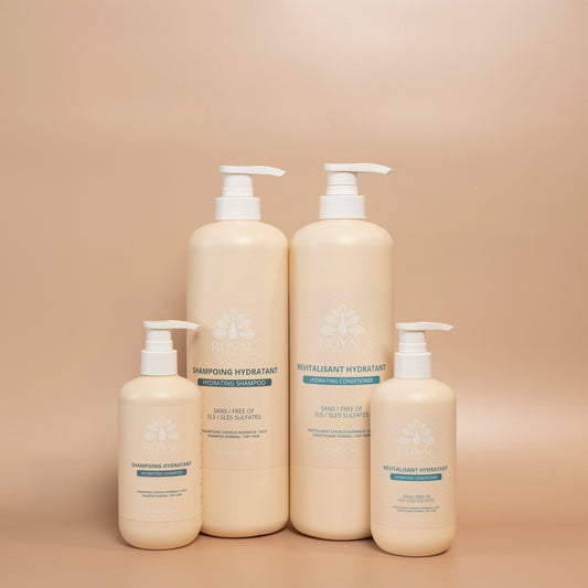 Shampoing et revitalisant hydratants Royal pour cheveux secs en formats 300 ml et 1 L